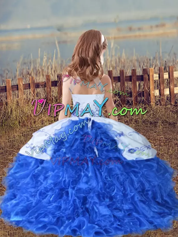 Charming Floor Length Baby Blue Little Girls Pageant Gowns Organza Sleeveless Beading and Embroidery and Ruffles