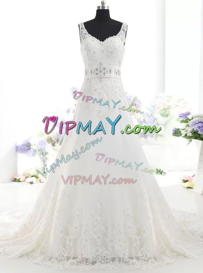 Clearance White Backless Wedding Gowns Beading and Lace Sleeveless With Brush Train