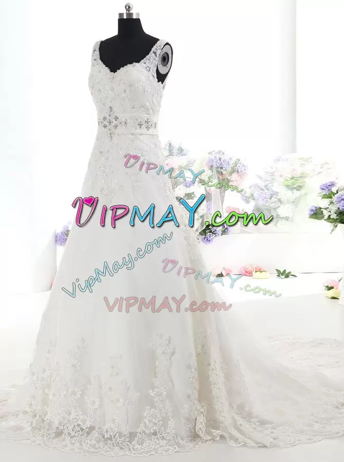 Clearance White Backless Wedding Gowns Beading and Lace Sleeveless With Brush Train