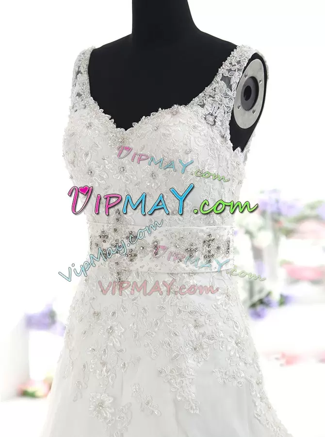 Clearance White Backless Wedding Gowns Beading and Lace Sleeveless With Brush Train