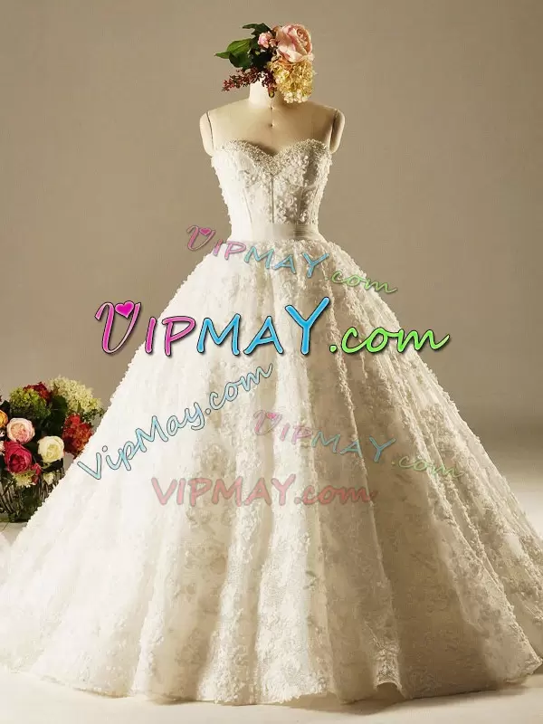 Excellent Sleeveless Beading and Lace Lace Up Wedding Dress with White Brush Train