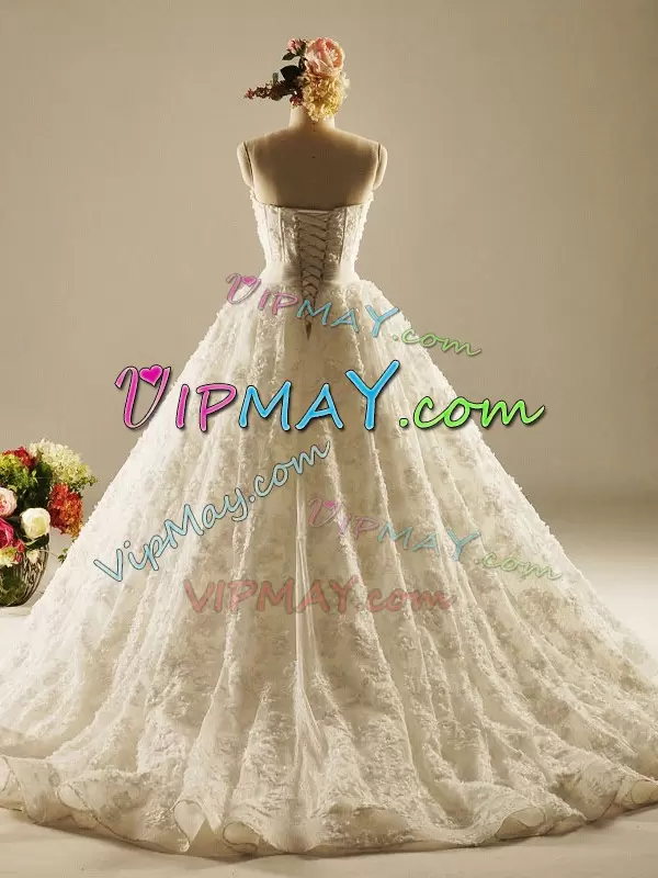 Excellent Sleeveless Beading and Lace Lace Up Wedding Dress with White Brush Train