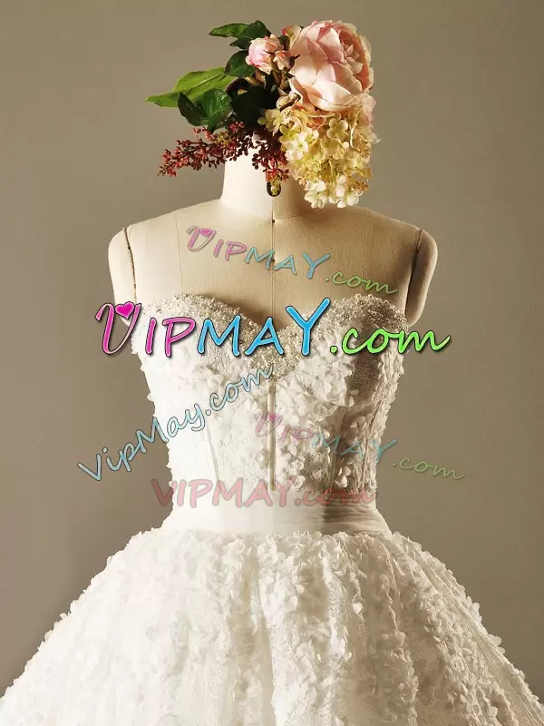 Excellent Sleeveless Beading and Lace Lace Up Wedding Dress with White Brush Train