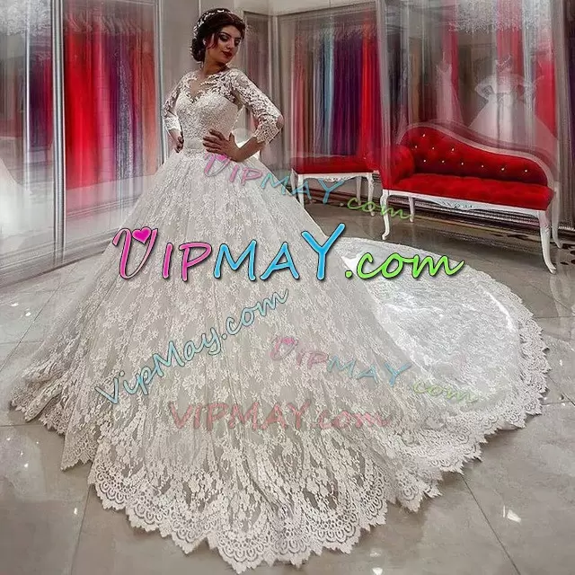 Enchanting White Ball Gowns Scoop 3 4 Length Sleeve Lace Chapel Train Zipper Lace Wedding Gowns