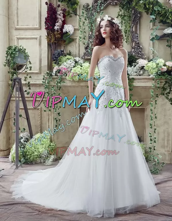 White A-line Tulle and Lace Sweetheart Sleeveless Beading and Lace and Appliques Lace Up Bridal Gown Court Train