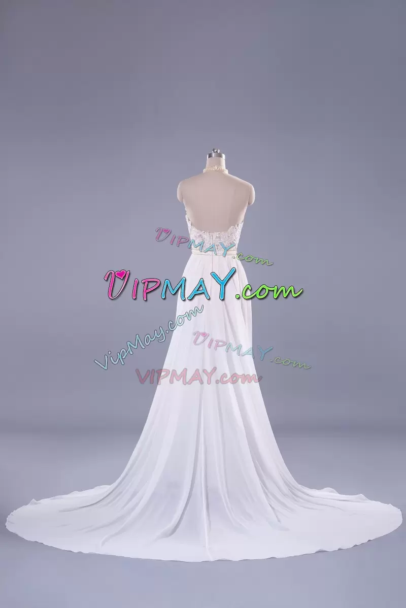 White A-line Halter Top Sleeveless Chiffon Sweep Train Backless Lace and Belt Wedding Dress