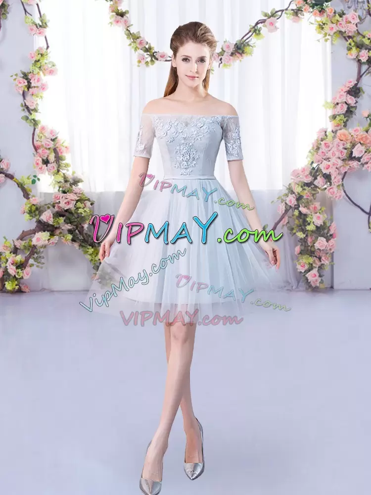 Inexpensive Grey Wedding Party Dress Prom and Party and Wedding Party with Lace Off The Shoulder Short Sleeves Lace Up