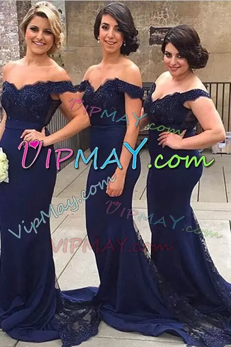 Exceptional Navy Blue Mermaid Off The Shoulder Sleeveless With Train Sweep Train Backless Beading and Lace Bridesmaid Dresses