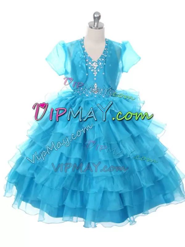 Pretty Aqua Little Girl Pageant Dress Beading and Ruffled Layers with Jacket