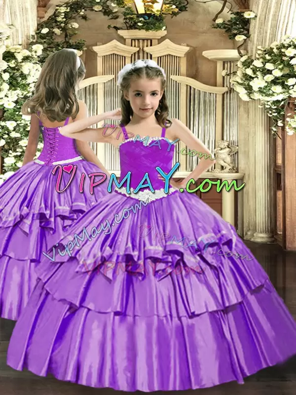 Great Lavender Ball Gowns Appliques and Ruffled Layers Glitz Pageant Dress Lace Up Organza Sleeveless Floor Length