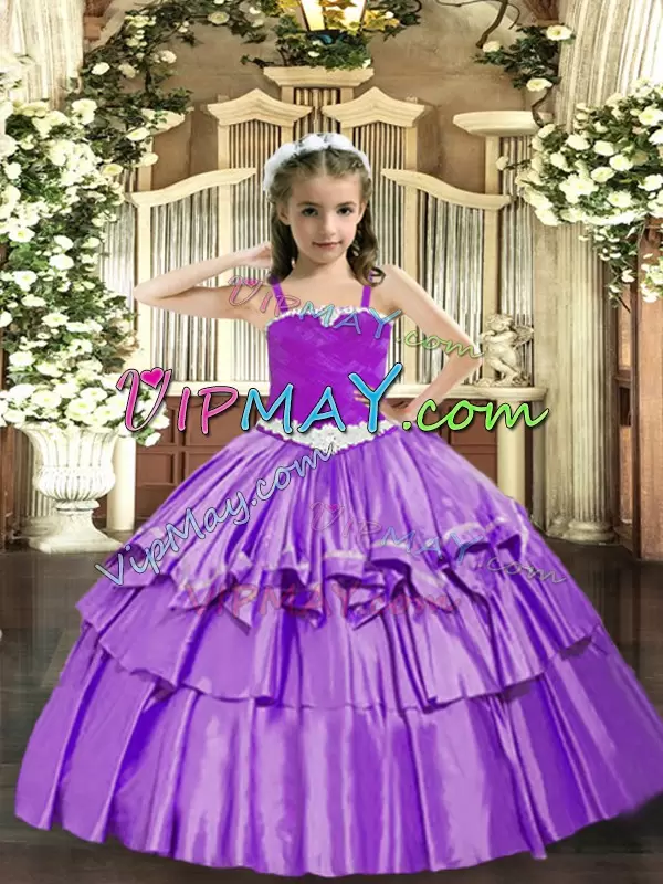 Great Lavender Ball Gowns Appliques and Ruffled Layers Glitz Pageant Dress Lace Up Organza Sleeveless Floor Length