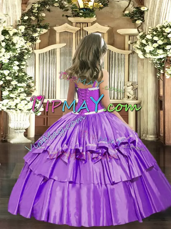 Great Lavender Ball Gowns Appliques and Ruffled Layers Glitz Pageant Dress Lace Up Organza Sleeveless Floor Length