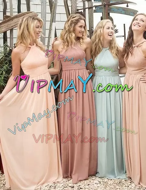 Empire Bridesmaid Gown Pink Halter Top Chiffon Sleeveless Floor Length