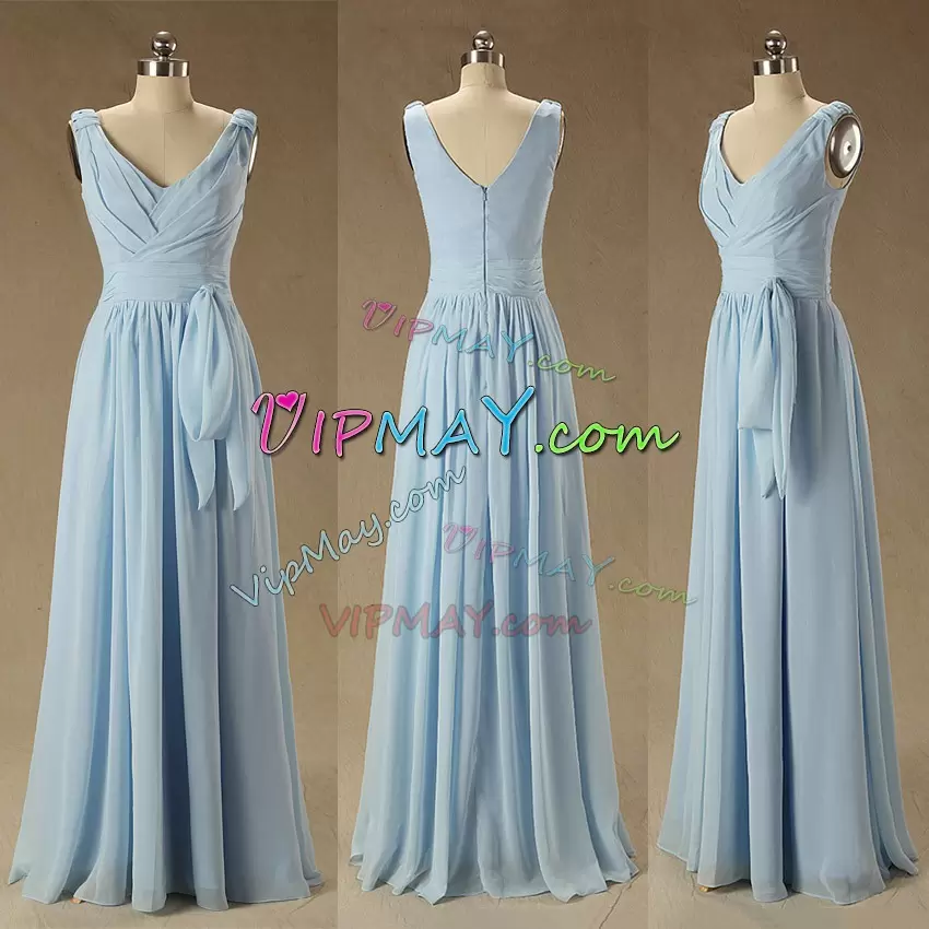 Floor Length Zipper Bridesmaids Dress Blue for Party and Wedding Party with Ruching