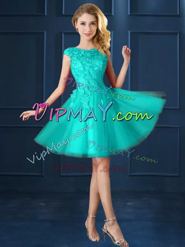 Turquoise Tulle Lace Up Bateau Cap Sleeves Knee Length Court Dresses for Sweet 16 Lace and Belt