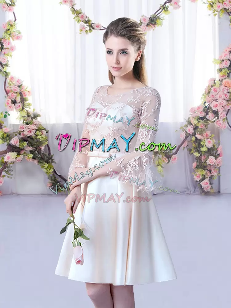 Perfect 3 4 Length Sleeve Mini Length Lace and Belt Lace Up Wedding Guest Dresses with Champagne