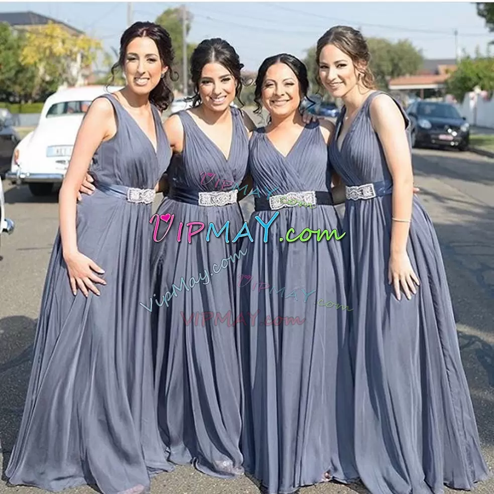 Dynamic Grey Sleeveless Floor Length Beading Zipper Bridesmaid Gown V-neck