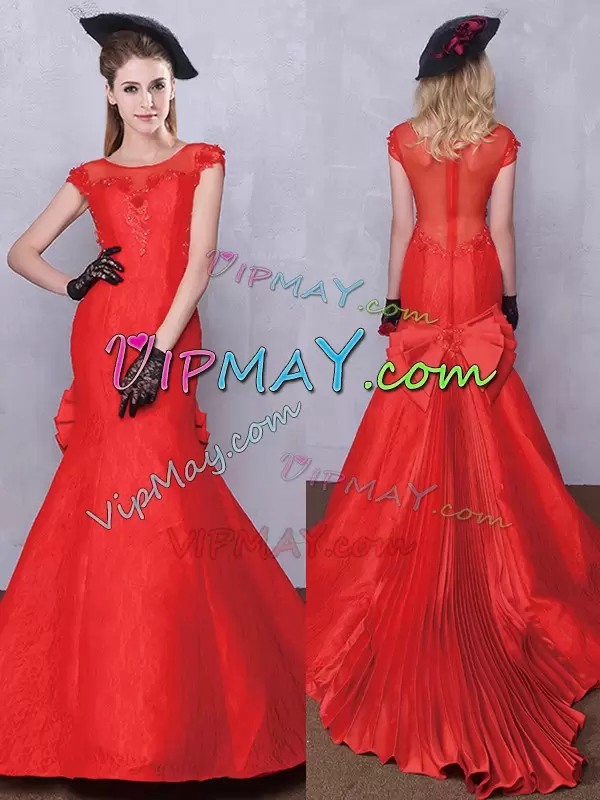 Scoop Short Sleeves Brush Train Zipper Bridal Gown Red Taffeta and Lace Lace and Bowknot and Pleated