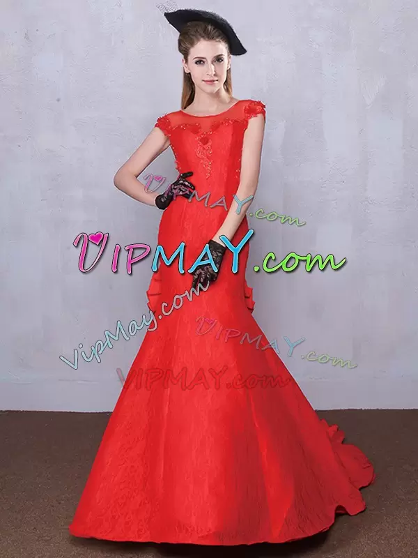 Scoop Short Sleeves Brush Train Zipper Bridal Gown Red Taffeta and Lace Lace and Bowknot and Pleated