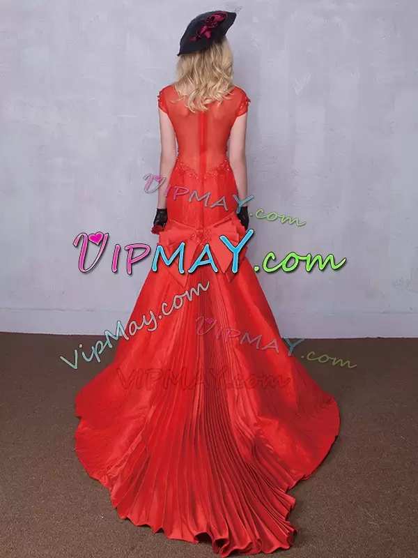 Scoop Short Sleeves Brush Train Zipper Bridal Gown Red Taffeta and Lace Lace and Bowknot and Pleated