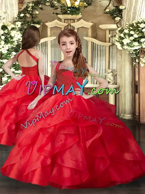 Tulle Straps Sleeveless Lace Up Ruffles and Ruching Pageant Dresses in Red