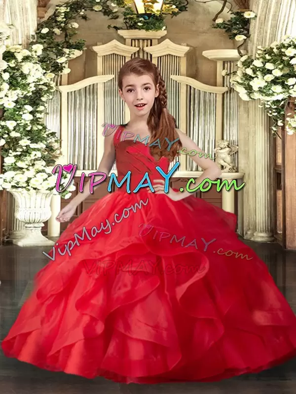 Tulle Straps Sleeveless Lace Up Ruffles and Ruching Pageant Dresses in Red