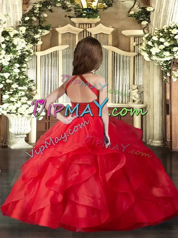 Tulle Straps Sleeveless Lace Up Ruffles and Ruching Pageant Dresses in Red