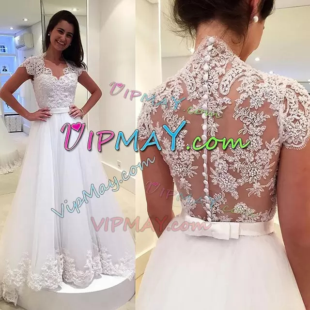 Spectacular White Wedding Gown Beach and Wedding Party with Lace and Appliques V-neck Cap Sleeves Brush Train Clasp Handle