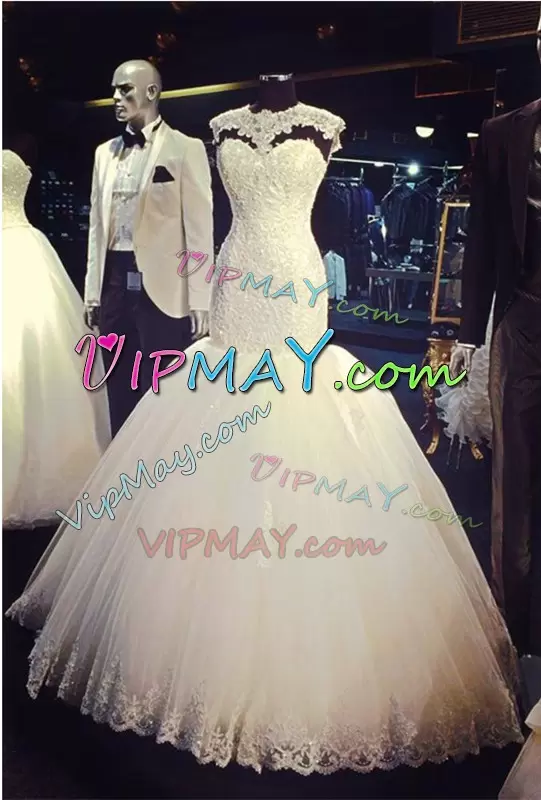 White Sleeveless Floor Length Appliques Lace Up Wedding Gown Scoop