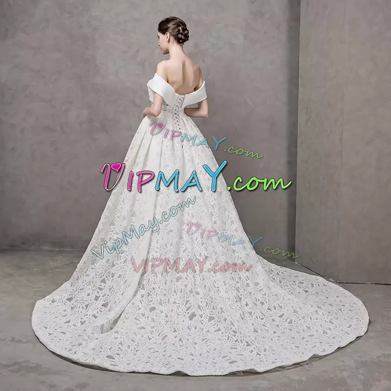 Great Off The Shoulder Cap Sleeves Lace Wedding Gowns Lace Sweep Train Lace Up