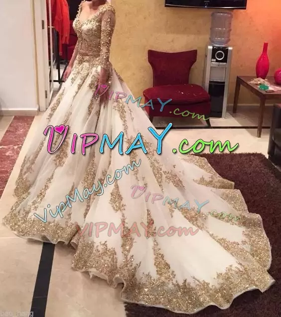 Tulle V-neck 3 4 Length Sleeve Court Train Lace Up Beading and Appliques Wedding Dresses in White