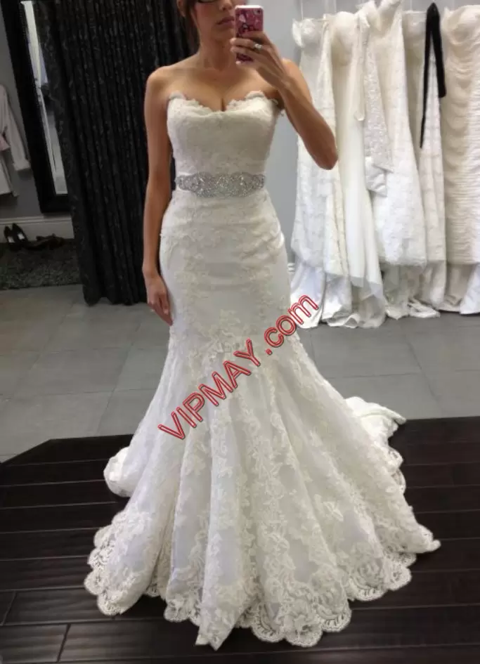 White Satin Lace Up Bridal Gown Sleeveless Floor Length Brush Train Beading and Lace and Appliques