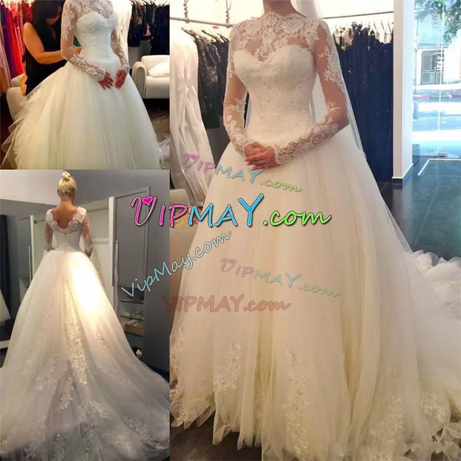 White A-line Appliques Bridal Gown Zipper Tulle Long Sleeves