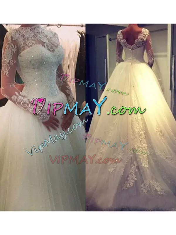 White A-line Appliques Bridal Gown Zipper Tulle Long Sleeves