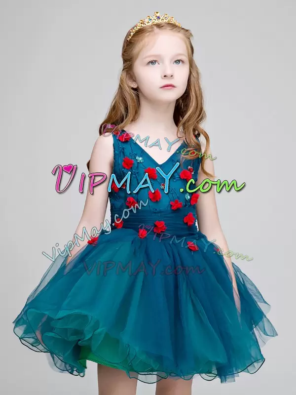 Teal V-neck Neckline Lace and Appliques Pageant Dress for Teens Sleeveless Zipper