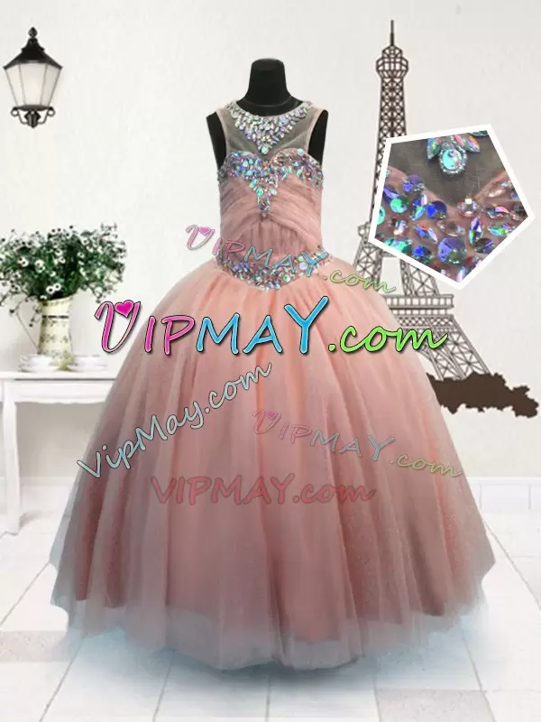 On Sale Ball Gowns Kids Pageant Dress Pink Scoop Organza Sleeveless Floor Length Zipper