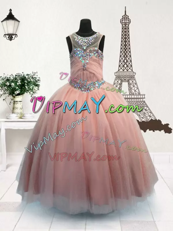 On Sale Ball Gowns Kids Pageant Dress Pink Scoop Organza Sleeveless Floor Length Zipper