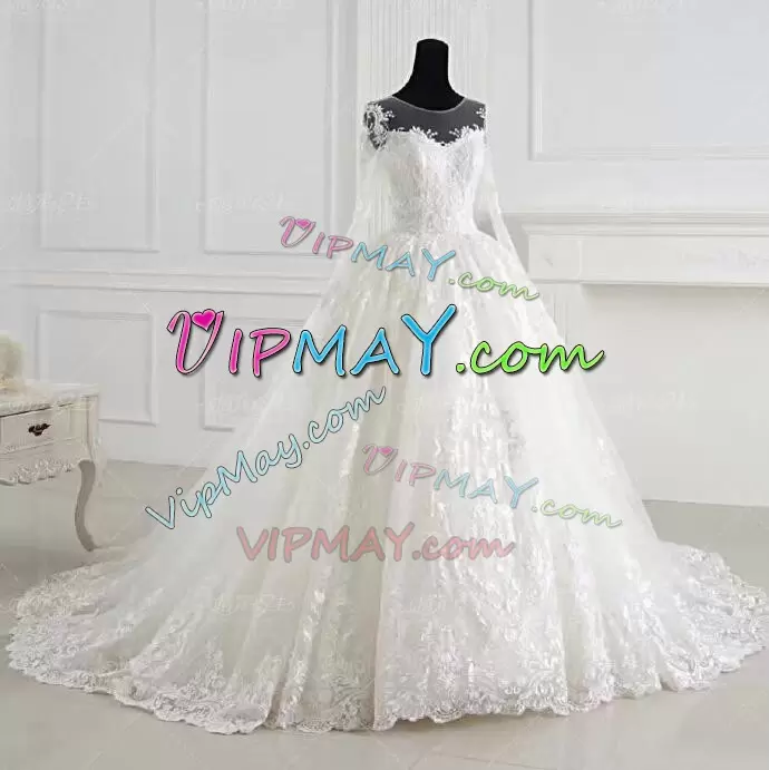 Fashion White Ball Gowns Appliques Wedding Gowns Clasp Handle Lace Long Sleeves With Train