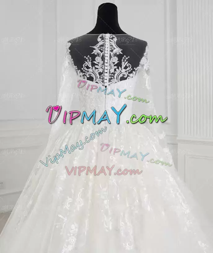 Fashion White Ball Gowns Appliques Wedding Gowns Clasp Handle Lace Long Sleeves With Train