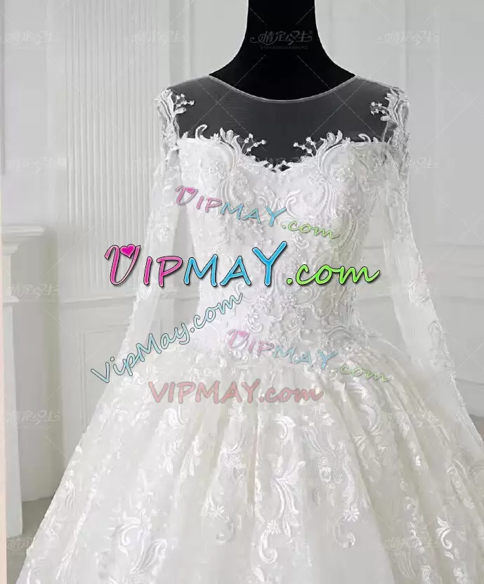 Fashion White Ball Gowns Appliques Wedding Gowns Clasp Handle Lace Long Sleeves With Train