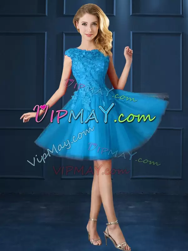 Fancy Baby Blue A-line Lace and Belt Bridesmaid Dresses Lace Up Tulle Cap Sleeves Knee Length