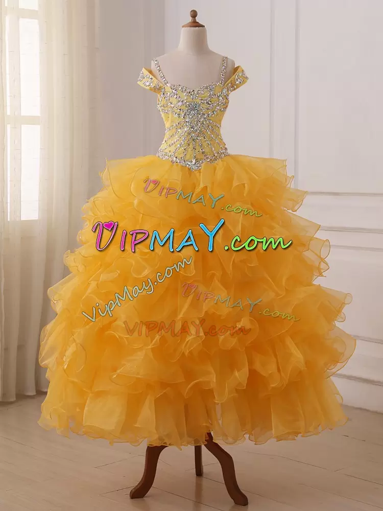 Superior Gold Ball Gowns Off The Shoulder Sleeveless Organza Floor Length Lace Up Beading and Ruffled Layers Little Girl Pageant Gowns