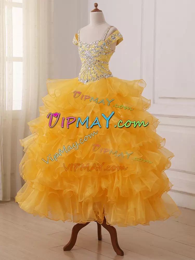 Superior Gold Ball Gowns Off The Shoulder Sleeveless Organza Floor Length Lace Up Beading and Ruffled Layers Little Girl Pageant Gowns