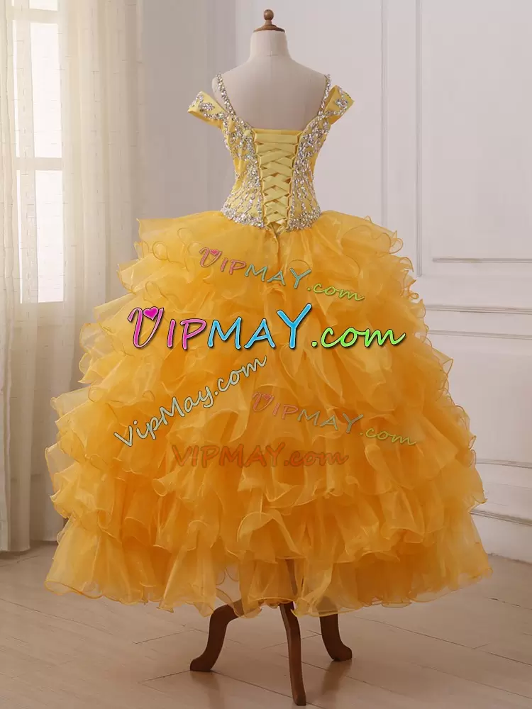 Superior Gold Ball Gowns Off The Shoulder Sleeveless Organza Floor Length Lace Up Beading and Ruffled Layers Little Girl Pageant Gowns