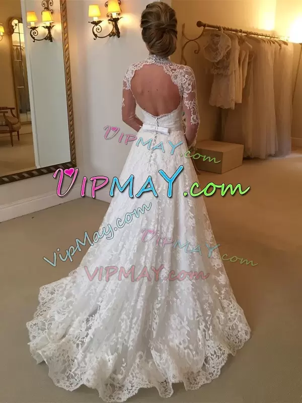 Modest Lace Illusion Neck Wedding Dress Long Sleeves Brush Train Backless