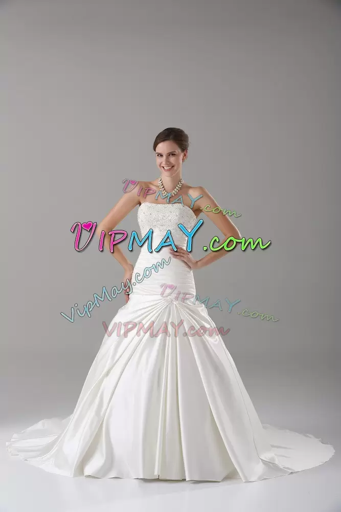 High Quality Beading Wedding Dress White Lace Up Sleeveless Brush Train