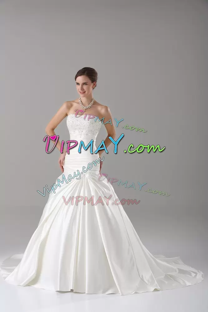 High Quality Beading Wedding Dress White Lace Up Sleeveless Brush Train