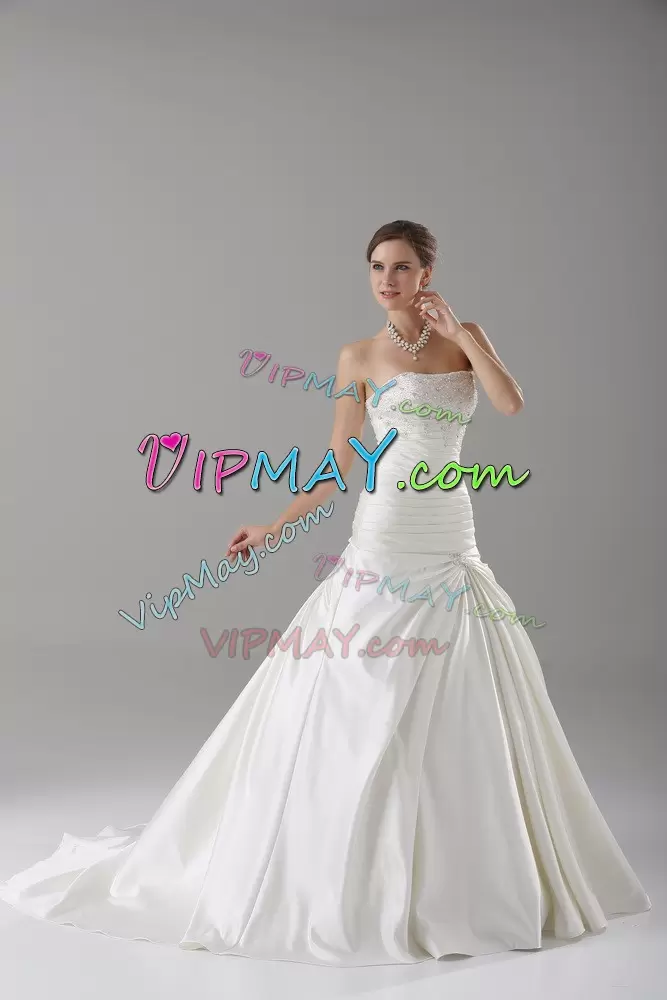 High Quality Beading Wedding Dress White Lace Up Sleeveless Brush Train