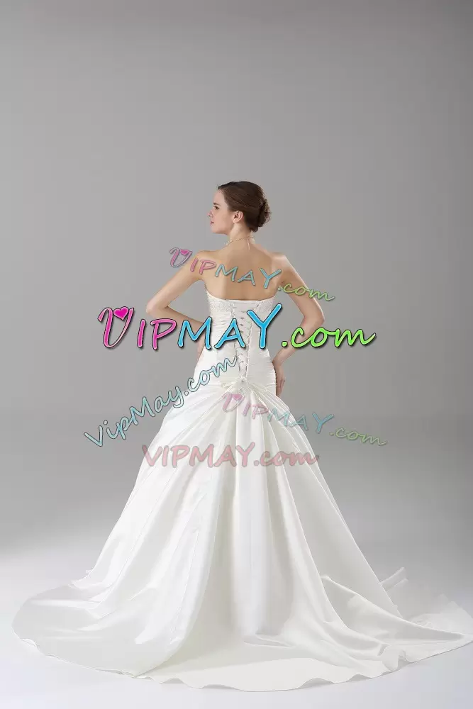 High Quality Beading Wedding Dress White Lace Up Sleeveless Brush Train