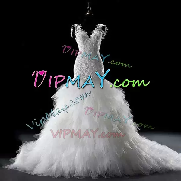 Elegant V-neck Cap Sleeves Tulle and Lace Bridal Gown Lace Court Train Lace Up